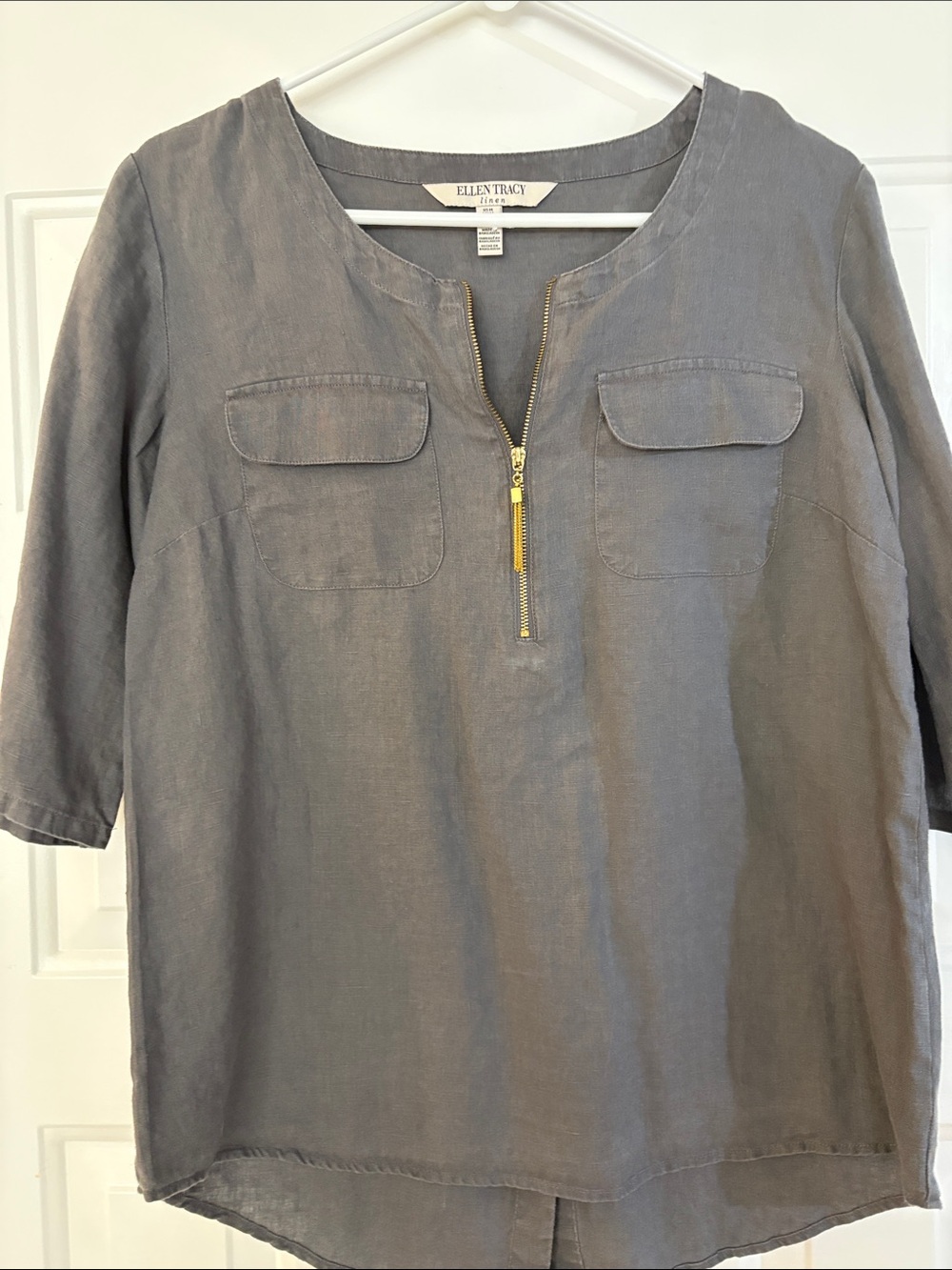 Ellen Tracy Slate Gray Linen-Blend Zip Front Blouse